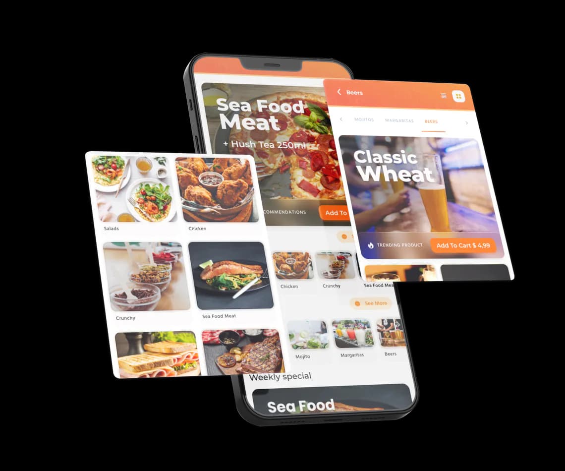 Eatsy Orders branded mobile app interface on smartphones, showcasing a customized restaurant menu with professional food photography.