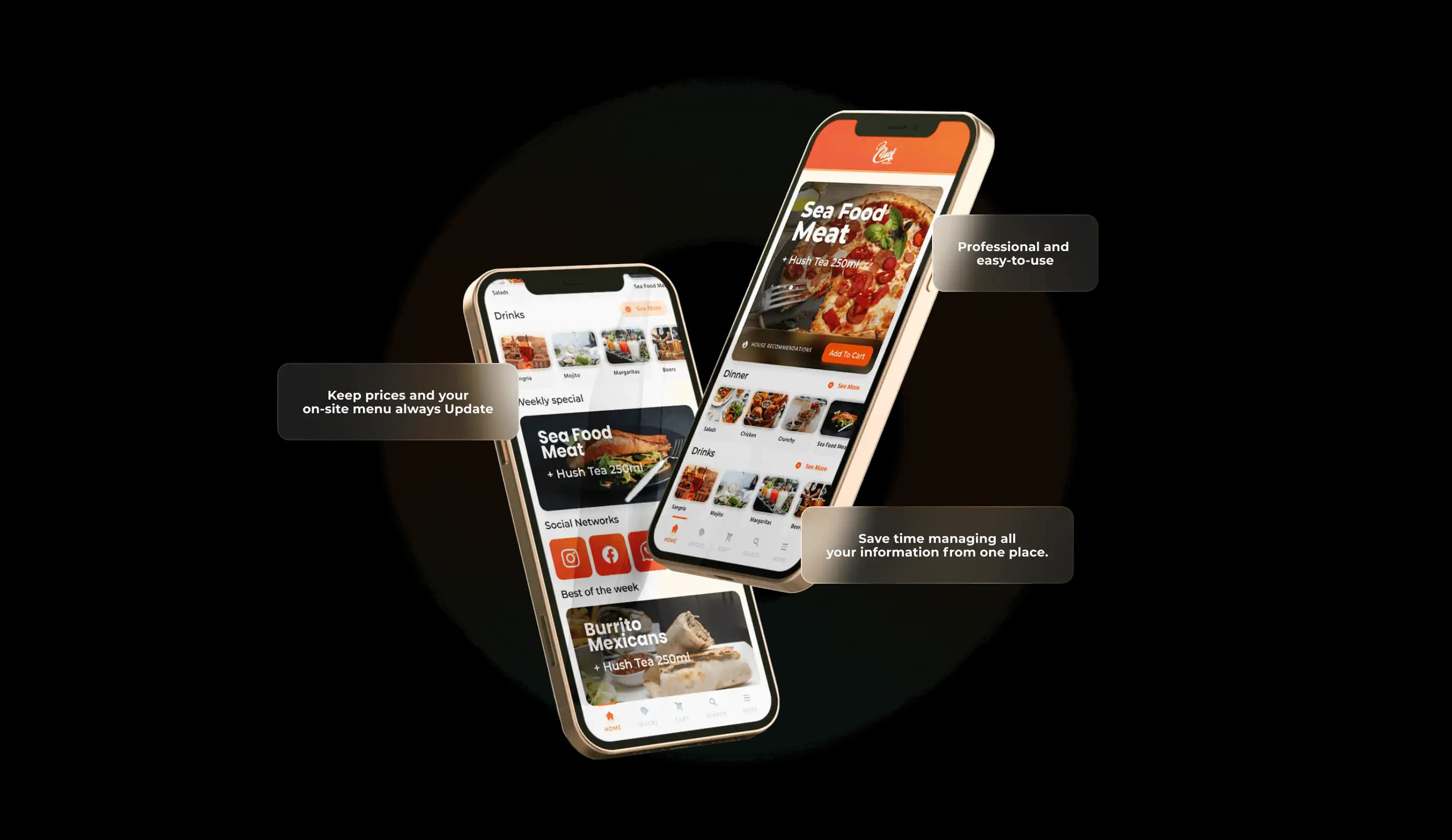 Two smartphones displaying the Eatsy Orders branded mobile app interface with digital menus, social media integration, and easy online ordering for restaurants.