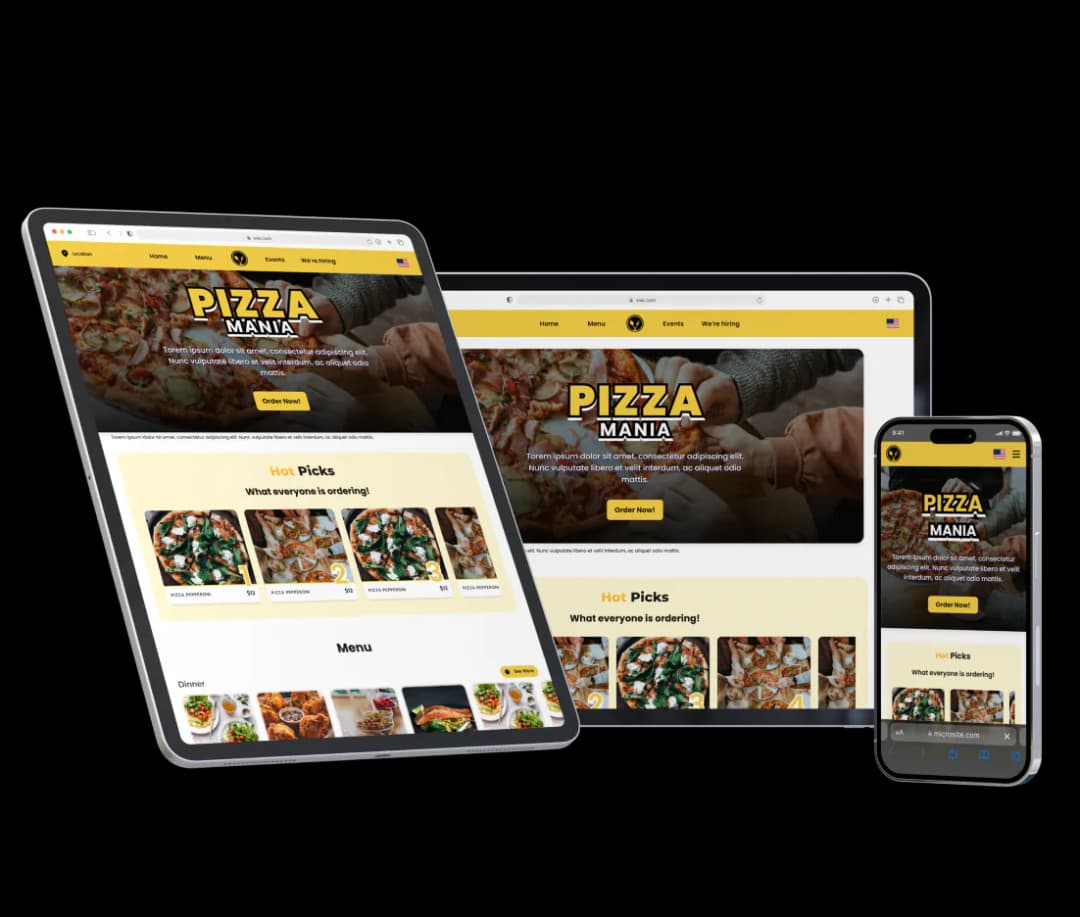 Custom commission-free restaurant website for online ordering displayed on a tablet and smartphone, powered by Eatsy Orders.