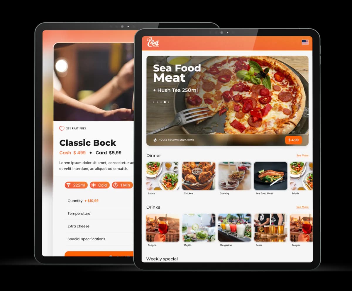 Two iPads displaying the Eatsy Orders interactive digital menu for restaurants, featuring high-quality food images and real-time ordering options.