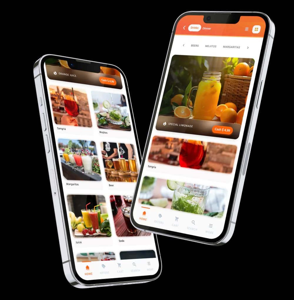 Two smartphones displaying the Eatsy Orders QR code menu interface with high-quality images of drinks and appetizers for contactless restaurant ordering.