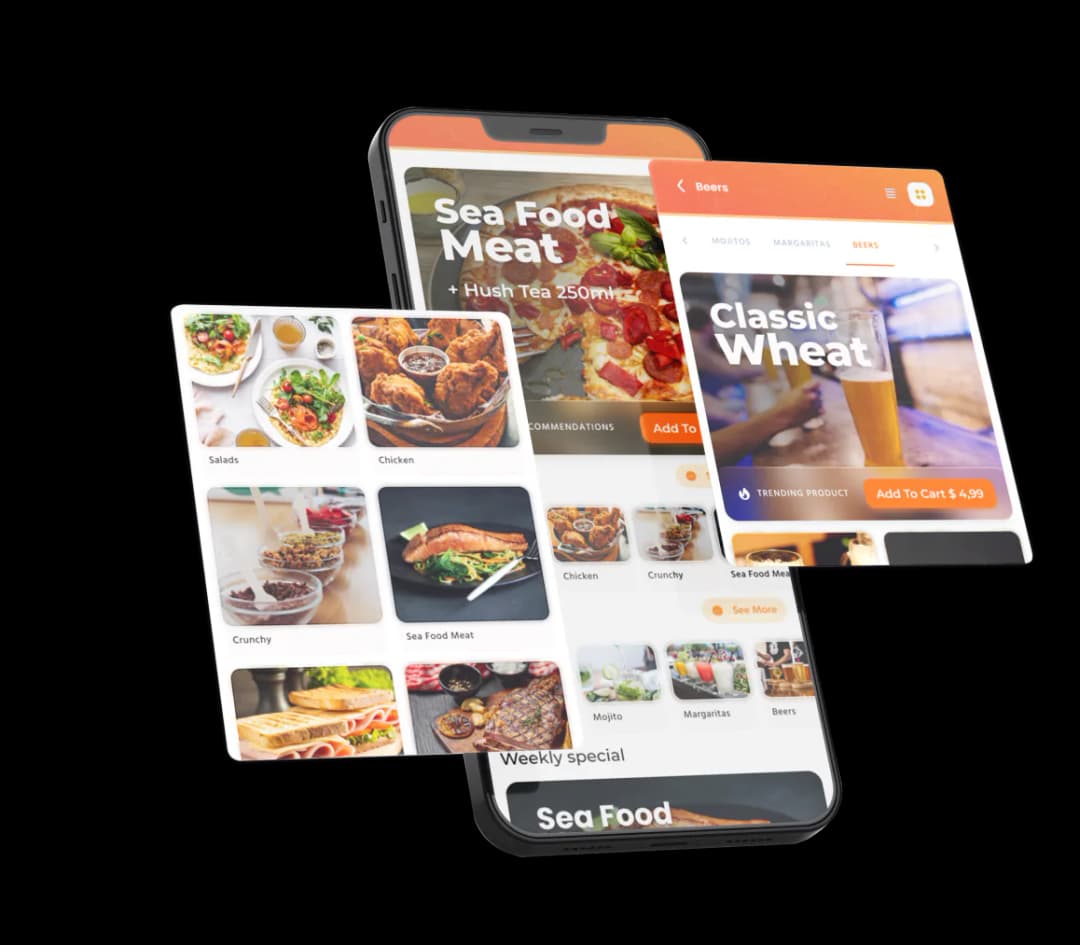 Eatsy Orders branded mobile app interface on a smartphone, showing a customized digital menu with high-quality food images and a direct checkout option.